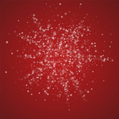 Snowy christmas background. Subtle flying snow flakes and stars on christmas red background. Delicate sweet snowy christmas. Square vector illustration. clipart