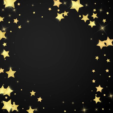 Sihirli yıldızlar vektör kaplaması. Altın yıldızlar rasgele etrafa saçılmış, düşüyor, yüzüyor. Kaotik rüya gibi çocuksu bir şablon. Siyah arkaplanda mucizevi yıldızlı gece vektörü.