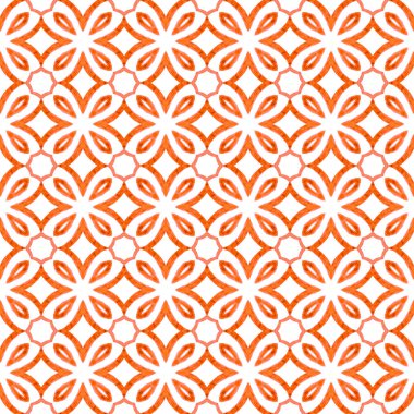 Tekstil hazır zarif baskı, mayo kumaş, duvar kağıdı, ambalaj. Portakal renginde boho şık yaz tasarımı. Sembol suluboya deseni. Yeşil geometrik sembolü suluboya kenarı.