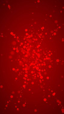 Sihirli kar yağışı arkaplanı. İnce uçan kar taneleri ve kırmızı arka plandaki yıldızlar. Sihirli yağan kar tatili manzarası. Dikey vektör illüstrasyonu.