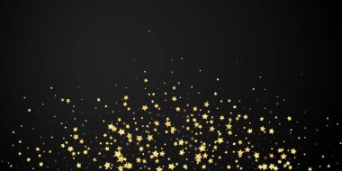 Sihirli yıldızlar vektör kaplaması. Altın yıldızlar rasgele etrafa saçılmış, düşüyor, yüzüyor. Kaotik rüya gibi çocuksu bir şablon. Siyah arkaplanda mucizevi yıldızlı gece vektörü.