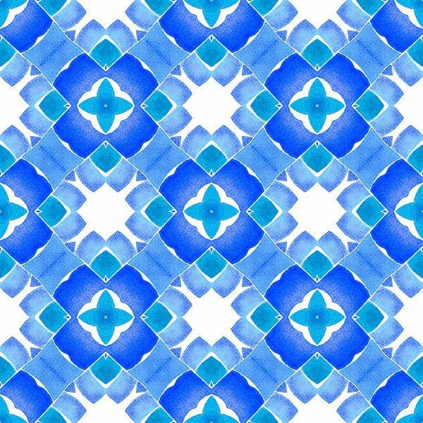 Aquarel Ikat Herhaalt Tegelrand Blauwe Delicate Boho Chique Zomer Design — Stockfoto
