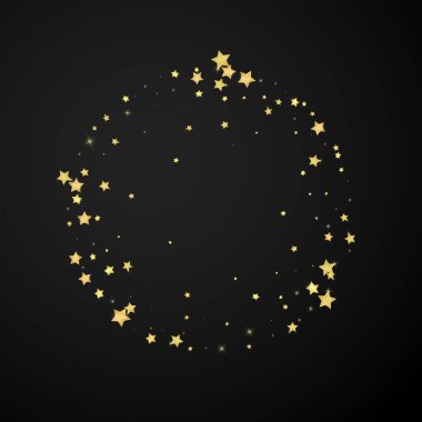Sihirli yıldızlar vektör kaplaması. Altın yıldızlar rasgele etrafa saçılmış, düşüyor, yüzüyor. Kaotik rüya gibi çocuksu bir şablon. Siyah arkaplanda büyülü karikatür gece gökyüzü.