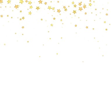 Sihirli yıldızlar vektör kaplaması. Altın yıldızlar rasgele etrafa saçılmış, düşüyor, yüzüyor. Kaotik rüya gibi çocuksu bir şablon. Beyaz arkaplanda büyülü gece gökyüzü.