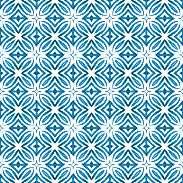 Acuarela Ikat Repitiendo Borde Del Azulejo Azul Abrumador Diseño Boho —  Fotos de Stock