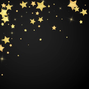 Sihirli yıldızlar vektör kaplaması. Altın yıldızlar rasgele etrafa saçılmış, düşüyor, yüzüyor. Kaotik rüya gibi çocuksu bir şablon. Siyah arkaplanda büyülü karikatür gece gökyüzü.