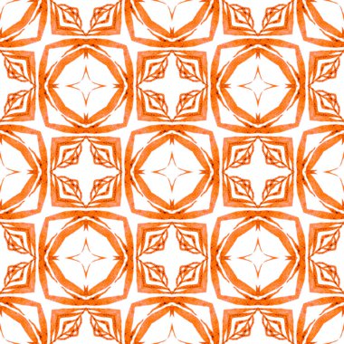 Yeşil geometrik sembolün suluboya sınırı. Turuncu şekilli boho şık yaz tasarımı. Sembol suluboya deseni. Tekstil hazır popüler baskı, mayo kumaş, duvar kağıdı, ambalaj.