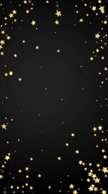 Sihirli yıldızlar vektör kaplaması. Altın yıldızlar rasgele etrafa saçılmış, düşüyor, yüzüyor. Kaotik rüya gibi çocuksu bir şablon. Siyah arkaplanda mucizevi yıldızlı gece vektörü.