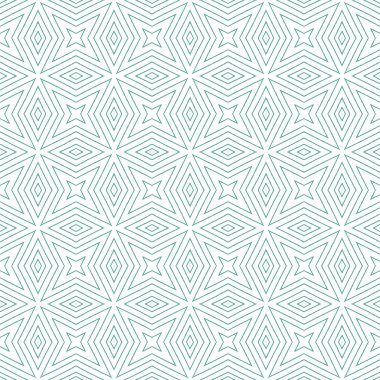 Tekrar eden mayo tasarımı. Turkuaz simetrik kaleydoskop arka planı. Tekstil baskıya hazır, mayo kumaş, duvar kağıdı, ambalaj. Yaz şapkası süsleme deseni.