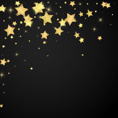Sihirli yıldızlar vektör kaplaması. Altın yıldızlar rasgele etrafa saçılmış, düşüyor, yüzüyor. Kaotik rüya gibi çocuksu bir şablon. Siyah arkaplanda vektör peri masalı.