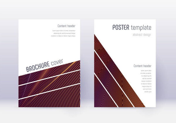 Geometric cover design template set. Orange abstract lines on wine red background. Breathtaking cover design. Vibrant catalog, poster, book template etc.