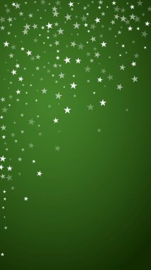 Güzel kar yağışı arkaplanı. İnce uçan kar taneleri ve yeşil arka plandaki yıldızlar. Güzel kar yağışı şablonu. Dikey vektör illüstrasyonu.