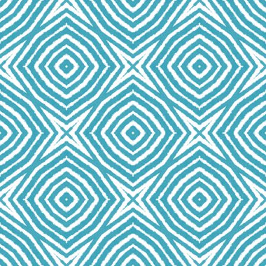 Etnik elle boyanmış desen. Turkuaz simetrik kaleydoskop arka planı. Yazlık elbise, elle boyanmış fayans. Tekstil hazır değerli baskı, mayo kumaş, duvar kağıdı, ambalaj..