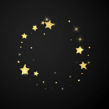 Sihirli yıldızlar vektör kaplaması. Altın yıldızlar rasgele etrafa saçılmış, düşüyor, yüzüyor. Kaotik rüya gibi çocuksu bir şablon. Siyah arkaplanda mucizevi yıldızlı gece vektörü.