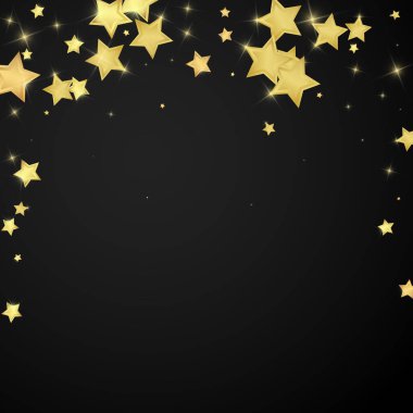 Sihirli yıldızlar vektör kaplaması. Altın yıldızlar rasgele etrafa saçılmış, düşüyor, yüzüyor. Kaotik rüya gibi çocuksu bir şablon. Siyah arkaplanda büyülü karikatür gece gökyüzü.