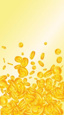 American dollar coins falling. Scattered gold USD coins. USA money. Jackpot wealth or success concept. Vector illustration.