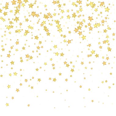 Sihirli yıldızlar vektör kaplaması. Altın yıldızlar rasgele etrafa saçılmış, düşüyor, yüzüyor. Kaotik rüya gibi çocuksu bir şablon. Beyaz arka planda sihirli yıldızlı büyüleyici vektör.