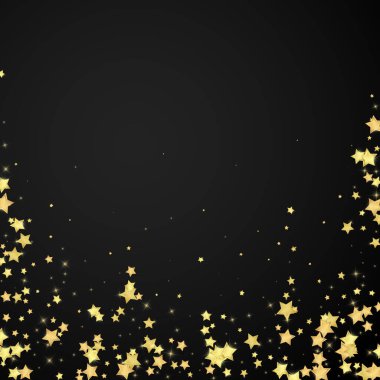 Sihirli yıldızlar vektör kaplaması. Altın yıldızlar rasgele etrafa saçılmış, düşüyor, yüzüyor. Kaotik rüya gibi çocuksu bir şablon. Siyah arka planda sihirli yıldızlı büyüleyici vektör.