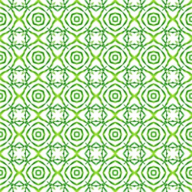 Sembol suluboya deseni. Yeşil boho şık yaz tasarımı. Yeşil geometrik sembolün suluboya sınırı. Tekstil hazır simetrik baskı, mayo kumaş, duvar kağıdı, ambalaj..