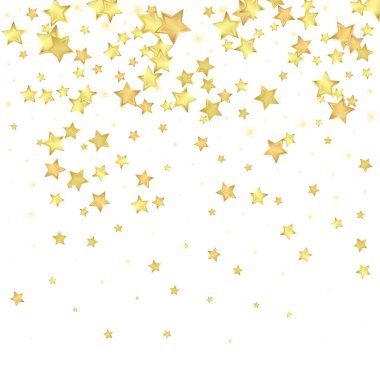 Sihirli yıldızlar vektör kaplaması. Altın yıldızlar rasgele etrafa saçılmış, düşüyor, yüzüyor. Kaotik rüya gibi çocuksu bir şablon. Beyaz arka planda sihirli yıldızlı büyüleyici vektör.