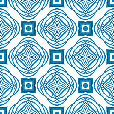 Etnik elle boyanmış desen. Mavi renkli boho şık yaz tasarımı. Suluboya yaz etnik sınır düzeni. Tekstil hazır hoş baskı, mayo kumaş, duvar kağıdı, ambalaj..