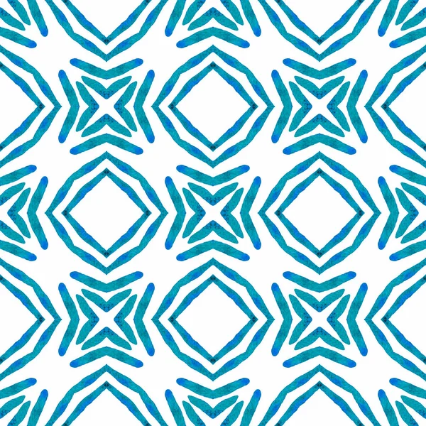 民族の手描きのパターン ブルー趣のあるBohoシックな夏のデザイン 水彩夏の民族の国境パターン 繊維準備ができてトレンドプリント 水着生地 — ストック写真