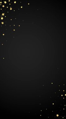 Sihirli yıldızlar vektör kaplaması. Altın yıldızlar rasgele etrafa saçılmış, düşüyor, yüzüyor. Kaotik rüya gibi çocuksu bir şablon. Siyah arkaplanda vektör peri masalı.