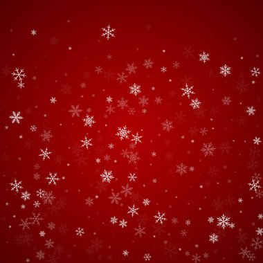 Güzel kar yağışı arkaplanı. İnce uçan kar taneleri ve kırmızı arka plandaki yıldızlar. Güzel kar yağışı şablonu. Kare vektör illüstrasyonu.