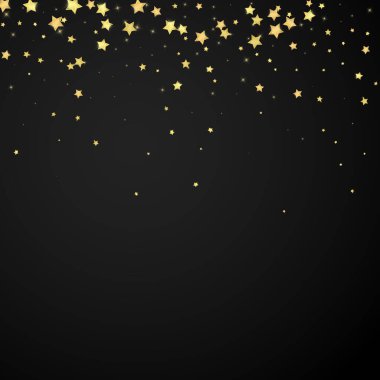 Sihirli yıldızlar vektör kaplaması. Altın yıldızlar rasgele etrafa saçılmış, düşüyor, yüzüyor. Kaotik rüya gibi çocuksu bir şablon. Siyah arkaplanda vektör peri masalı.