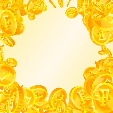 Swiss franc coins falling. Gold scattered CHF coins. Switzerland money. Global financial crisis concept. Square vector illustration.