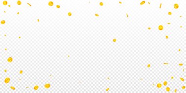 Japanese yen coins falling. Scattered gold JPY coins. Japan money. Global financial crisis concept. Wide vector illustration.