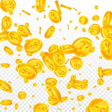 Japanese yen coins falling. Scattered gold JPY coins. Japan money. Global financial crisis concept. Square vector illustration.