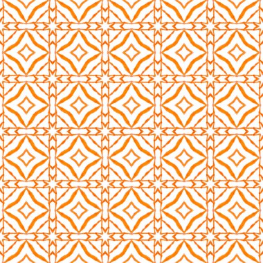 Tekstil hazır sıradışı baskılar, mayo kumaş, duvar kağıdı, ambalaj. Turuncu nadir boho şık yaz tasarımı. Yeşil geometrik sembolün suluboya sınırı. Sembol suluboya deseni.