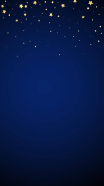 Sihirli yıldızlar vektör kaplaması. Altın yıldızlar rasgele etrafa saçılmış, düşüyor, yüzüyor. Kaotik rüya gibi çocuksu bir şablon. Koyu mavi arkaplanda vektör masalı.