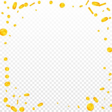 British pound coins falling. Scattered gold GBP coins.  United Kingdom money. Global financial crisis concept. Square vector illustration.