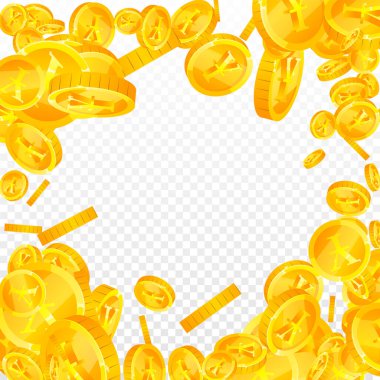 Japanese yen coins falling. Scattered gold JPY coins. Japan money. Global financial crisis concept. Square vector illustration.