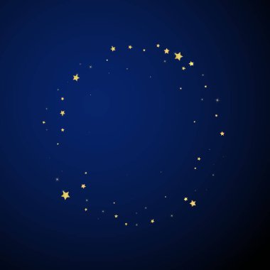 Sihirli yıldızlar vektör kaplaması. Altın yıldızlar rasgele etrafa saçılmış, düşüyor, yüzüyor. Kaotik rüya gibi çocuksu bir şablon. Koyu mavi arka planda mucizevi yıldızlı gece vektörü.