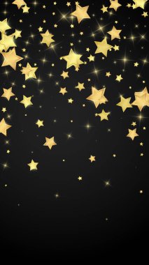 Sihirli yıldızlar vektör kaplaması. Altın yıldızlar rasgele etrafa saçılmış, düşüyor, yüzüyor. Kaotik rüya gibi çocuksu bir şablon. Siyah arkaplanda büyülü karikatür gece gökyüzü.