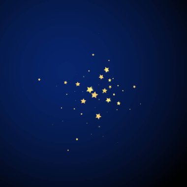 Sihirli yıldızlar vektör kaplaması. Altın yıldızlar rasgele etrafa saçılmış, düşüyor, yüzüyor. Kaotik rüya gibi çocuksu bir şablon. Koyu mavi arkaplanda vektör büyüsü.