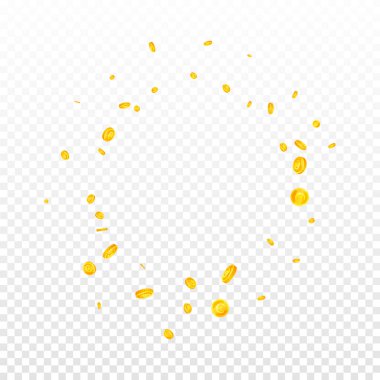 European Union Euro coins falling. Scattered gold EUR coins. Europe money. Jackpot wealth or success concept. Square vector illustration.