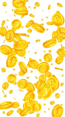 British pound coins falling. Scattered gold GBP coins.  United Kingdom money. Great business success concept. Vector illustration.