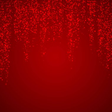 Karlı bir Noel geçmişi var. İnce uçan kar taneleri ve kırmızı arka plandaki yıldızlar. Narin, tatlı, karlı bir Noel. Kare vektör illüstrasyonu.