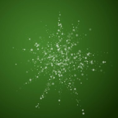 Karlı bir Noel geçmişi var. İnce uçan kar taneleri ve yeşil arka plandaki yıldızlar. Narin, tatlı, karlı bir Noel. Kare vektör illüstrasyonu.