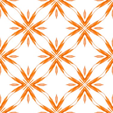 Tekstil hazır muhteşem baskı, mayo kumaş, duvar kağıdı, ambalaj. Turuncu harika boho şık yaz tasarımı. Yeşil geometrik sembolün suluboya sınırı. Sembol suluboya deseni.