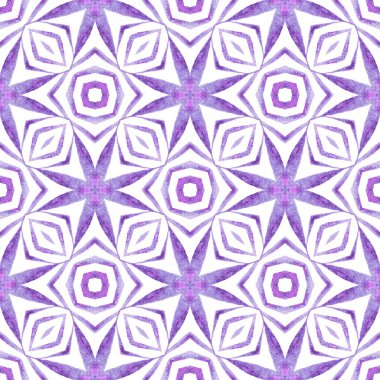 Sembol suluboya deseni. Mor sulu boho şık yaz tasarımı. Yeşil geometrik sembolün suluboya sınırı. Tekstil hazır orijinal baskı, mayo kumaş, duvar kağıdı, ambalaj..