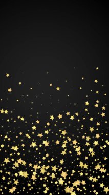 Sihirli yıldızlar vektör kaplaması. Altın yıldızlar rasgele etrafa saçılmış, düşüyor, yüzüyor. Kaotik rüya gibi çocuksu bir şablon. Siyah arkaplanda mucizevi yıldızlı gece vektörü.