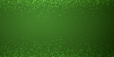 Yılbaşı arka planında kar yağışı var. İnce uçan kar taneleri ve yeşil arka plandaki yıldızlar. Karlı bayram örtüsü. Geniş vektör illüstrasyonu.