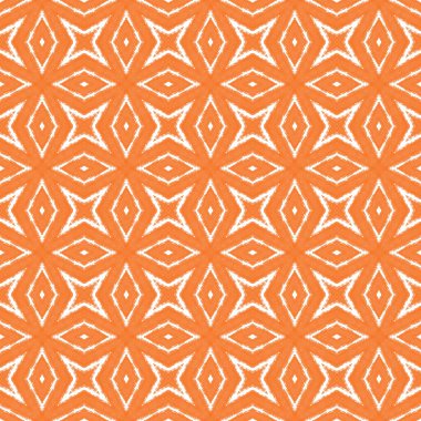 Egzotik, pürüzsüz desen. Turuncu simetrik kaleydoskop arka planı. Yaz mayosu, egzotik, pürüzsüz tasarım. Tekstil hazır görkemli baskı, mayo kumaş, duvar kağıdı, ambalaj..