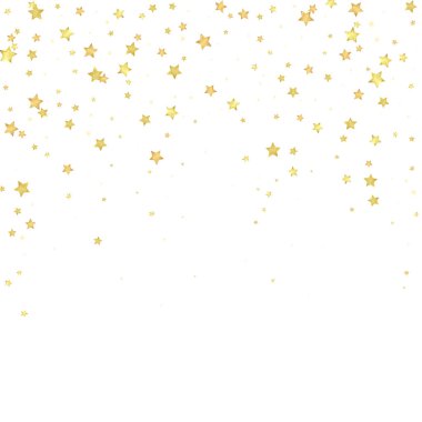 Sihirli yıldızlar vektör kaplaması. Altın yıldızlar rasgele etrafa saçılmış, düşüyor, yüzüyor. Kaotik rüya gibi çocuksu bir şablon. Beyaz arka planda sihirli yıldızlı büyüleyici vektör.