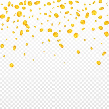 American dollar coins falling. Scattered gold USD coins. USA money. Global financial crisis concept. Square vector illustration.